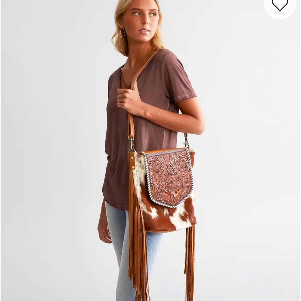Myra Bag Brown and White Crossbody with Fringe Details